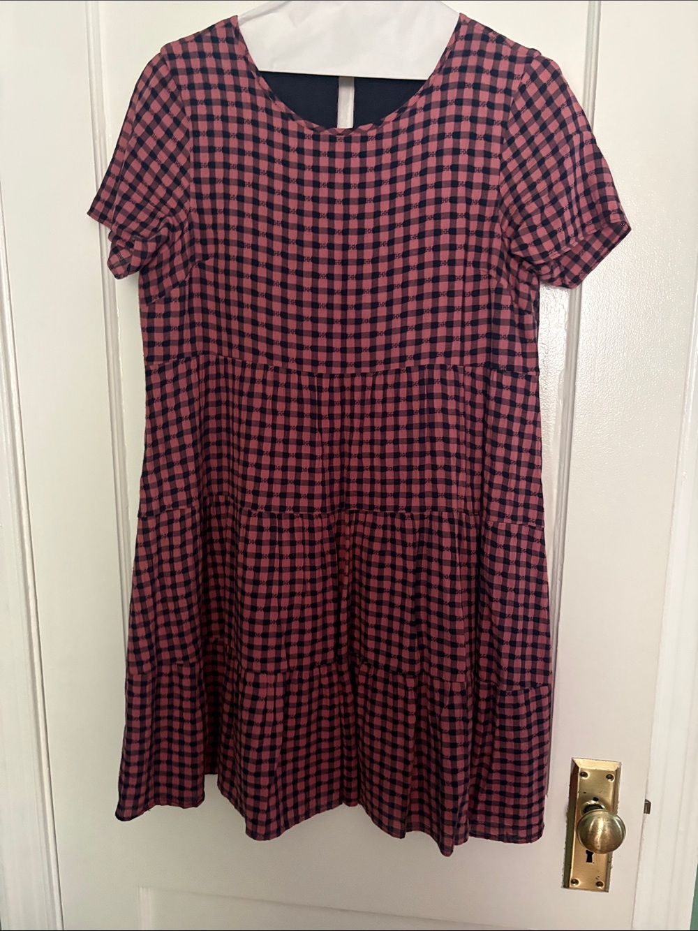 Madewell Navy and Pink Gingham Short Sleeve Dress
